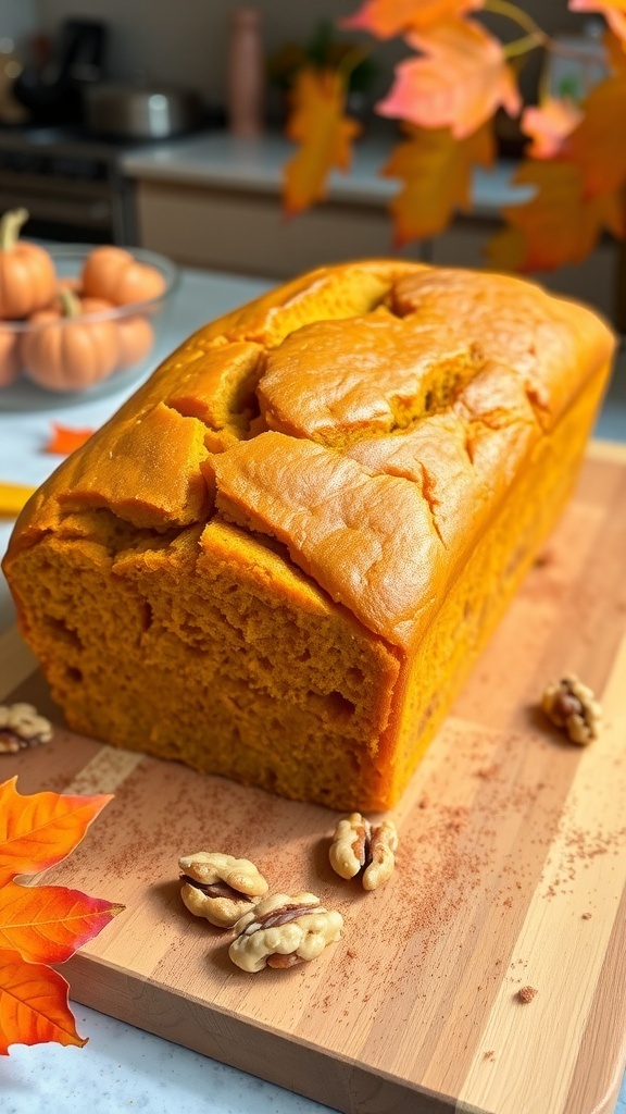 Ina Garten A golden loaf of pumpkin bread on a cutting board, garnished with cinnamon and walnuts, surrounded by autumn leaves.